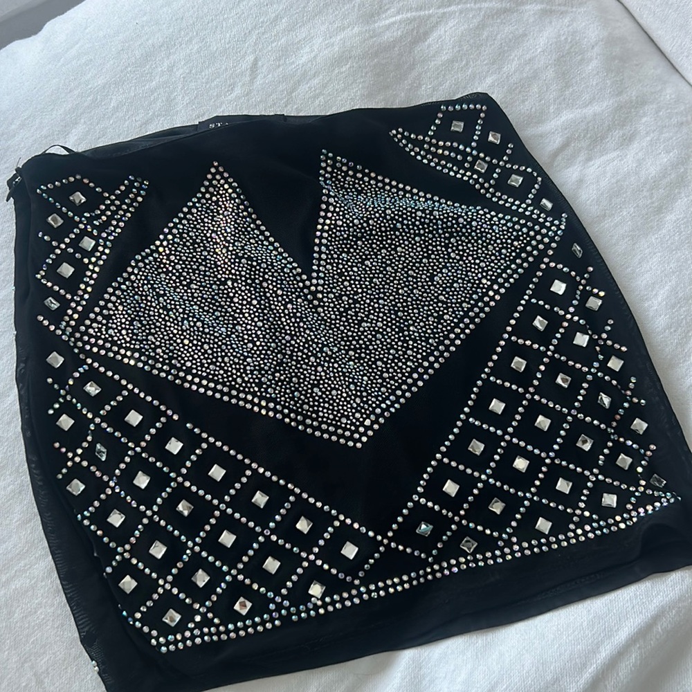 NWT Starlette‎ Mesh Mock Black Blue Crystal Embellishments